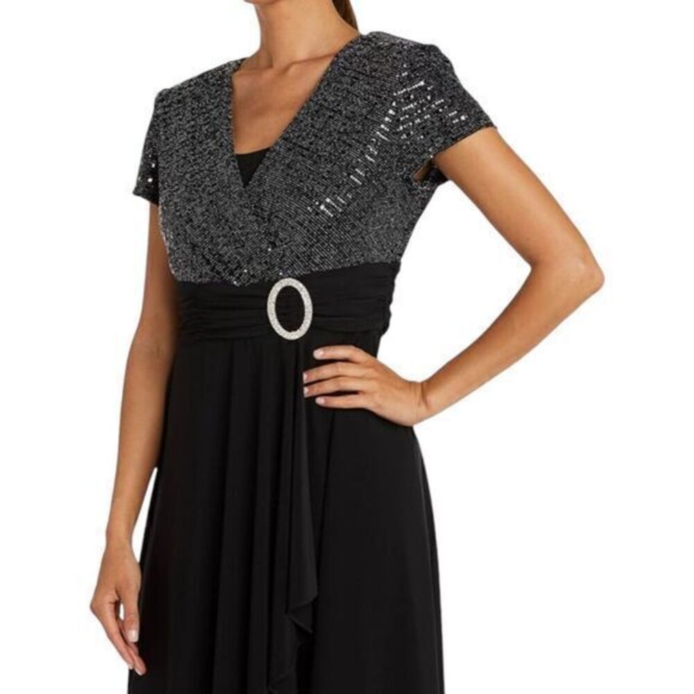 R‎ & M Collection Black Silver Party Crossover Dress Size 12 Rhinestones Bling